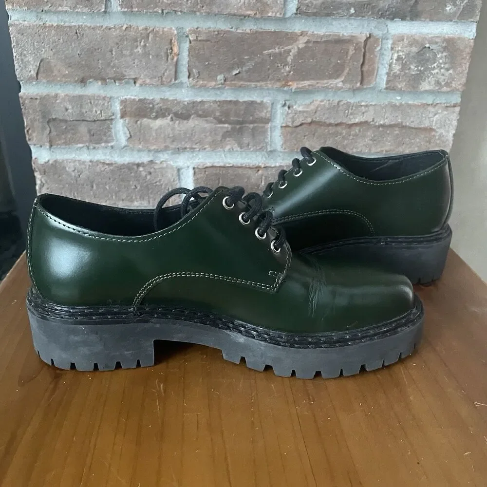 Anthropologie Maeve Leather Oxford Women's Size 5.5 EU 36 Green Lace Up Lug